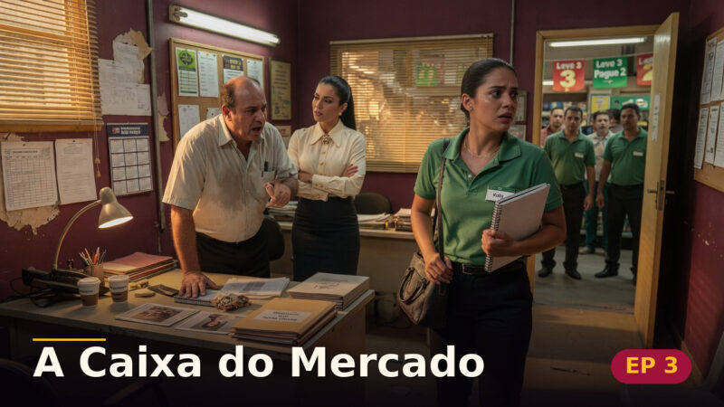 A Caixa do Mercado — Capítulo 3: O crachá sobre a mesa — cena da novela