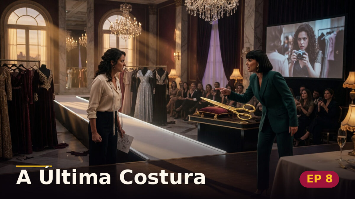 A Última Costura — Capítulo 8: O desfile das duas verdades — cena da novela