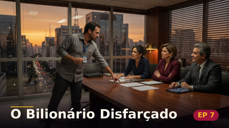 O Bilionário Disfarçado — Capítulo 7: A defesa que quase revelou tudo — cena da novela