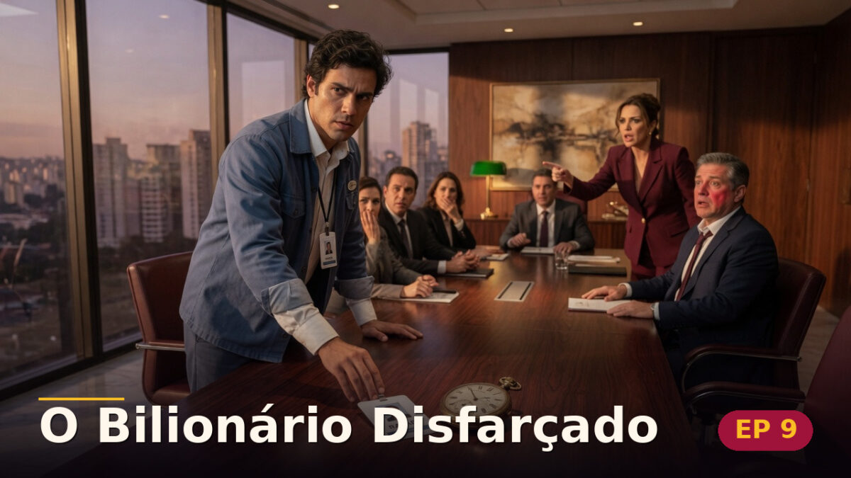 O Bilionário Disfarçado — Capítulo 9: O crachá caiu sobre a mesa — cena da novela
