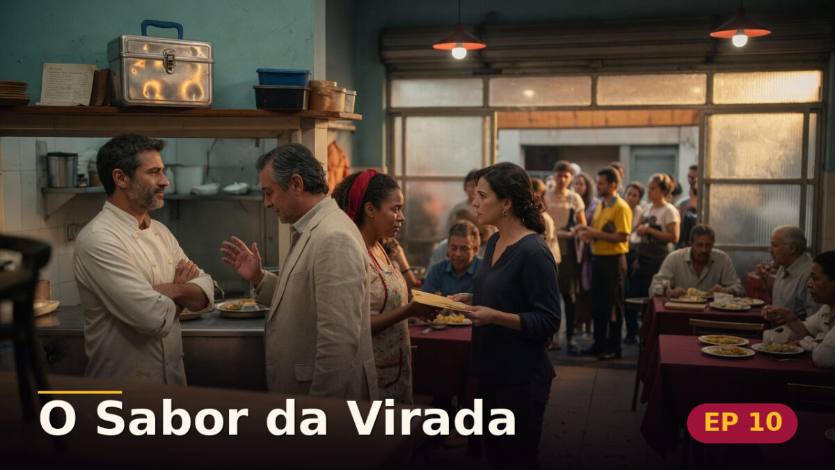 O Sabor da Virada — Capítulo 10: A cozinha de portas abertas — cena da novela
